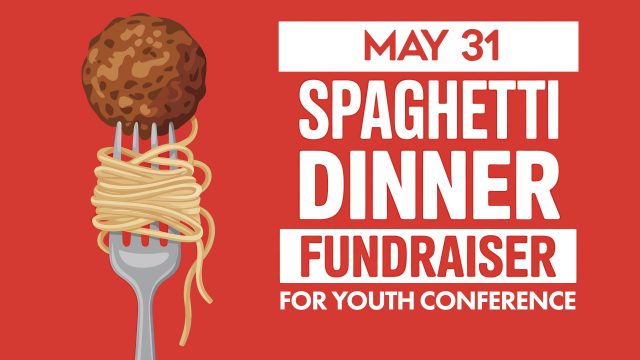 Spaghetti dinner fundraiser event flyer with meatball and fork o